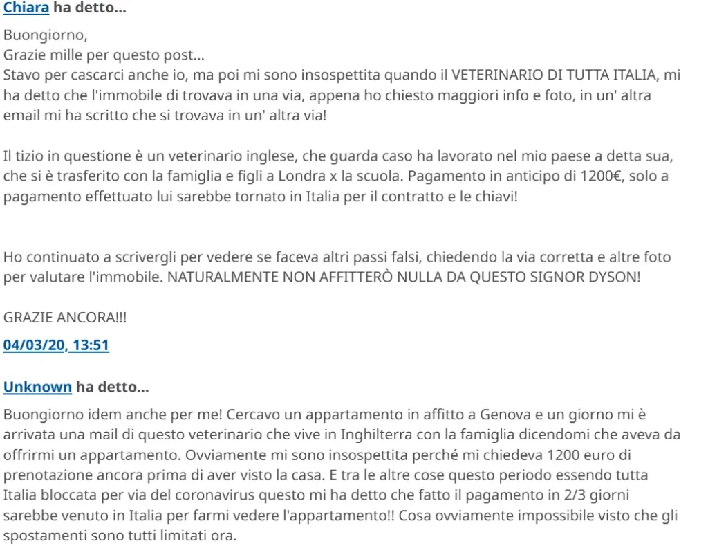 Email truffa tipo con falso proprietario all'estero