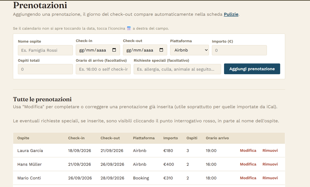 planner gestione affitti brevi